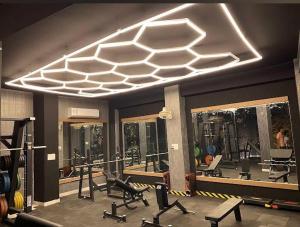 a gym with exercise equipment and a large ceiling at Veena Vihar Homestay in Jodhpur