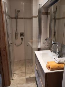 a bathroom with a glass shower and a sink at Biohof Fötschl in Tamsweg