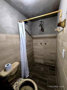 a bathroom with a toilet and a shower at Cabaña Nido de Niebla en San José del Pacífico in San Jose del Pacifico +20 photos