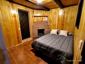 a bedroom with a bed in a room with a fireplace at Cabaña Nido de Niebla en San José del Pacífico in San Jose del Pacifico