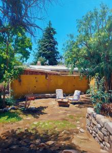 a painting of two chairs and a building at La Pirquita in Tilcara