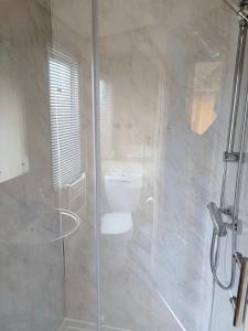 a bathroom with a toilet and a glass shower at Drake 17 in Scarborough +16 photos