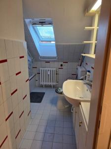 a bathroom with a sink and a toilet and a skylight at Kurzzeitvermitung Angelov in Hameln