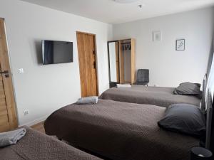 a bedroom with two beds and a flat screen tv at Słoneczna 49 in Miedziana Góra