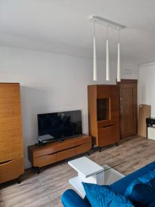 a living room with a tv and a blue couch at Grunwaldzka 62 in Bydgoszcz