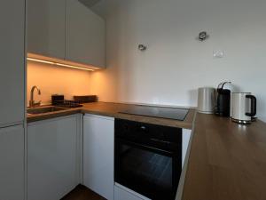 eine Küche mit weißen Schränken und einem schwarzen Ofen in der Unterkunft Apartment Rose in Rogač