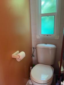 a bathroom with a white toilet and a window at Mobil home devant un grenadier in Gémenos