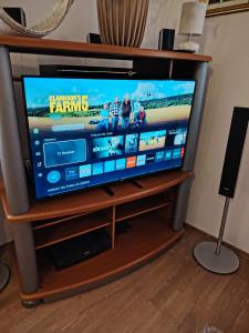 a flat screen tv sitting on a wooden stand at Studio apartman KOTRO in Beli Manastir