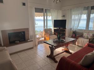 a living room with a tv and a couch and a table at Elenas house in Kánithos