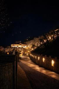 a night time view of a street with lights at Hotel Protino in Fushë-Prezë