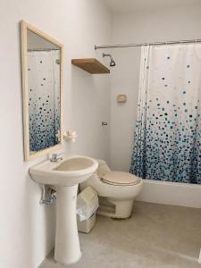 a bathroom with a sink and a toilet and a shower at Maréa - Casa en Lobitos in Lobitos +9 photos