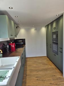 a kitchen with green cabinets and a wooden floor at Le logis de la mésanges Bleue in Gignac