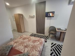 a living room with a tv and a chair at Studio Elvetia in Deva