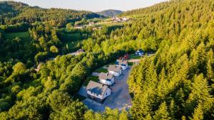 an aerial view of a house in a forest at Domki Leśne Zacisze in Baczyn