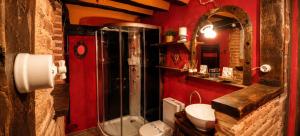 a red bathroom with a shower and a sink at La Casa del Ayer in Ábalos