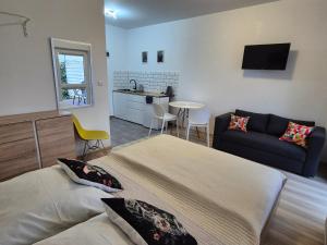 a living room with two beds and a couch at Noclegi u Loni- pokoje studio w zacisznym centrum nad morzem z parkingiem in Pobierowo