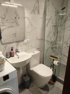 a bathroom with a toilet and a sink and a shower at Lerihouse in Saulkrasti