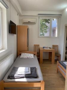a small bedroom with a bed and a table at Hostel JAPI in Aleksinac