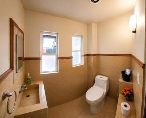 a bathroom with a toilet and a tub and a sink at Trajineras xochimilco in Mexico City