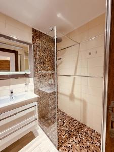 a bathroom with a shower and a sink and a mirror at Skyline View Apt & Sea View Terrace in Budva +25 photos