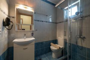 a bathroom with a toilet and a sink and a shower at Anima Horizon - Terra apartment in Elaiófiton +25 photos
