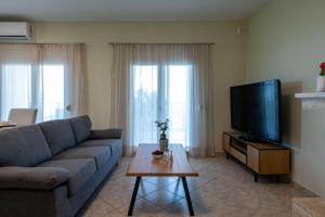 a living room with a couch and a tv at Anima Horizon - Terra apartment in Elaiófiton