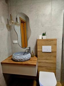a bathroom with a sink and a mirror at Wśród Drzew - Tykocin in Tykocin