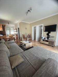a living room with a couch and a flat screen tv at Termálfürdő Apartman Igal -130 méterre a fürdőtől in Igal