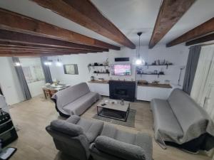 a living room with two couches and a tv at Cozy Lake House in Cinciş