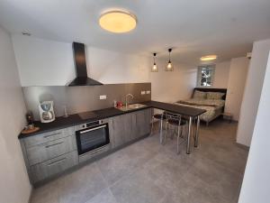 a kitchen with a counter and a table and a couch at La Campanule in Saint-Cyr-en-Pail