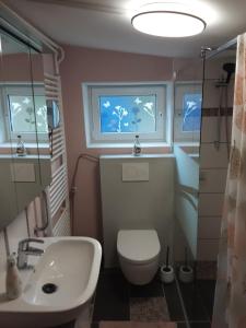 a bathroom with a toilet and a sink and a window at Das weiße Stadthaus in Wesselburen +11 photos
