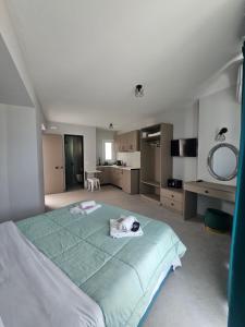 a bedroom with a large green bed in a room at 9muses luxury rooms in Vasiliki