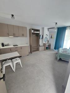 a large room with a table and a bed in it at 9muses luxury rooms in Vasiliki +11 photos