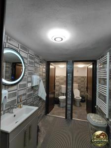 a bathroom with two toilets and a sink and a mirror at Cabana MARA in Poiana Vadului
