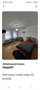 a bedroom with a bed and a living room at Ánizs Apartmanház in Makó