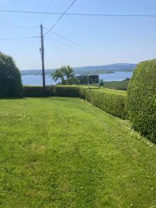 a grassy field with a fence and a road at Islandview House in Clonbur +4 photos