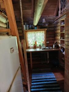 a kitchen in a log cabin with a refrigerator at Pähnamäe metsamajake in Ruusmäe