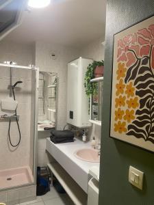 a bathroom with a sink and a shower at Bulle d amour in Granville