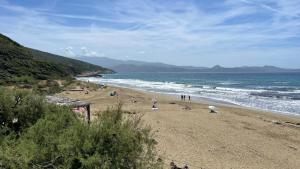 a group of people on a beach near the ocean at appartement 2 bord de mer in Farinole