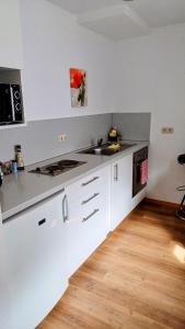 a kitchen with white cabinets and a wooden floor at Ferienwohnung Maria in Hörnsheim