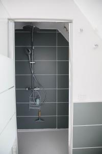 a shower in a bathroom with a blue tiled wall at L' Accointance in Semur-en-Auxois +23 photos