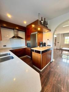 a large kitchen with wooden cabinets and a counter top at Balcón da Ría in Cambados
