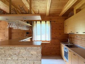 a kitchen with wooden walls and a wooden ceiling at Piliakalnio Sodyba in Ilgininkai