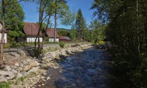 a river in front of a house and a building at Domek Beskid Żywiecki in Rycerka Dolna