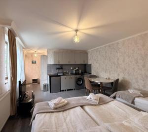 a bedroom with two beds and a table and a kitchen at Apartments Gio-Nika in Kazbegi