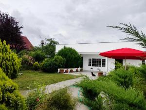 a white house with a red umbrella in a yard at Haus Georg in Zugdidi