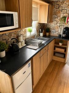 a kitchen with a counter top with a microwave at Beachside 3 Bed Caravan with Deck & Outside Seating Mablethorpe in Mablethorpe