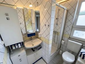 a bathroom with a sink and a toilet and a mirror at Hava 2 in Sarajevo