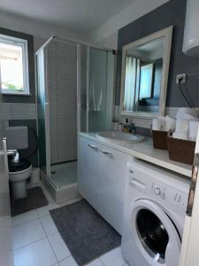 a bathroom with a washing machine and a sink at Apartment Cherry s pogledom na more in Dinjiška +8 photos