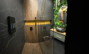 a bathroom with a shower with a sink and a mirror at Mabelle Gold Stay in Baia Mare +15 photos